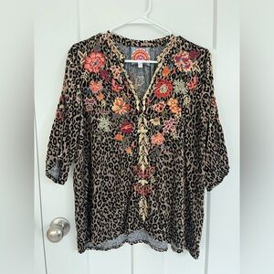 Johnny Was Taline Leopard Print Embroidered Top S Velvet Boho Blouse 3/4 Sleeves